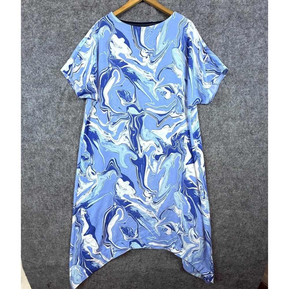 Chico's Tunic Dress Women 0 Blue Marble Print Stretch Sharkbite Hem Oversized‎